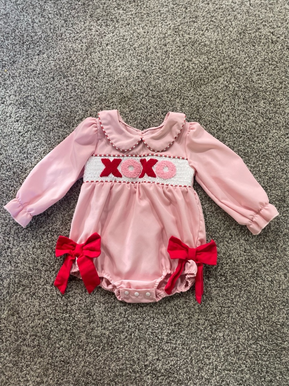 Pink Baby Smocked 'XOXO' Bubble with Red Bows